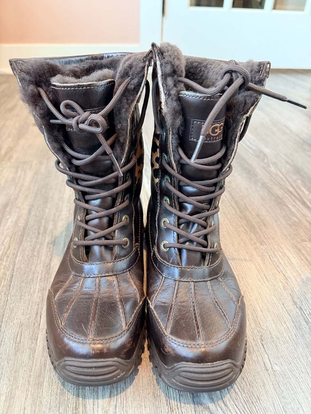 UGG Adirondack II Leopard Print Waterproof Leather Shearling Snow Boots Brown